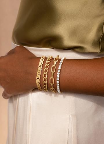 KOHOTA Chunky Gold Bracelets for Women Non Tarnish 14K Gold Plated Cuff Bracelet Stack Trendy Love Bangle Bracelets Stackable Tennis Bracelet Set Tie Knot Cuban Paperclip Figaro Chain Jewelry Gifts - color: C.Tennis bracelets