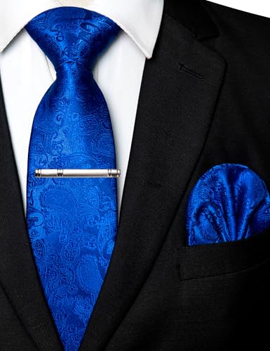 JEMYGINS Mens Solid Color Paisley Necktie and Pocket Square with Tie Clip Sets - color: Blue