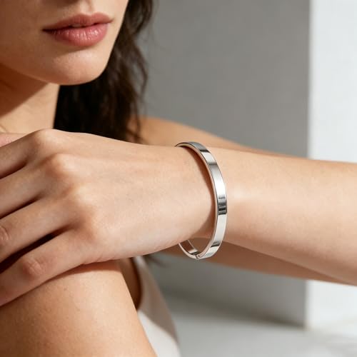 Waterproof Gold Bangle Bracelet sets for Women, 18K Gold PVD Plated Stainless Steel Stackable Bracelets Non Tarnish Oval Design, Minimalist Trendy Premium Jewelry - color: Silver