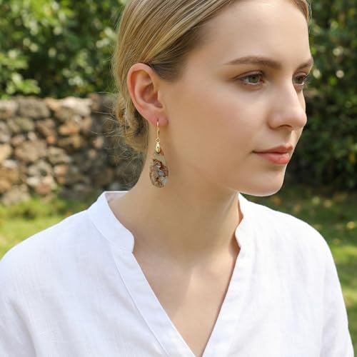 Natural Healing Teardrop Stone Leverback Dangle Drop Earrings Statement Gold earrings - color: khaki-Gold
