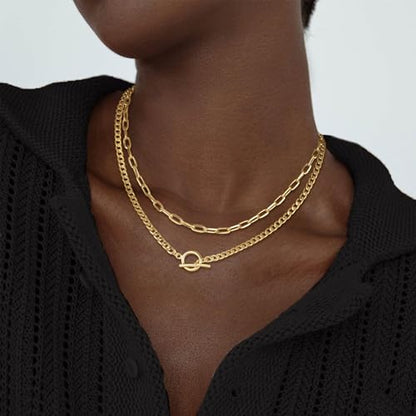 CHESKY 14K Gold Plated Layered Chain Necklace for Women | Trendy Cuban Link Chain, Chunky Paperclip Chain, Toggle Clasp Necklace, Fashion Gold Jewelry, Daily Gift for Women - style: Paperclip/Toggle-GD