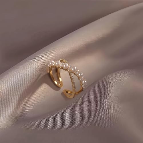 Mettclasi Women's 14K Gold Plated Stackable Ring Crystal Inlaid Dainty Trendy Cute Adjustable Open Twist Rings Jewelry Gifts - style: Pearls