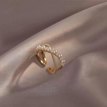 Mettclasi Women's 14K Gold Plated Stackable Ring Crystal Inlaid Dainty Trendy Cute Adjustable Open Twist Rings Jewelry Gifts - style: Pearls