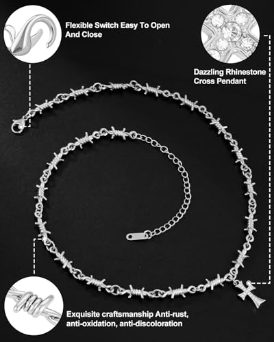Stainless Steel Gothic Y2K Punk Rock Emo Biker Pendant Necklace | Cosplay Vintage Viking Alt Edgy Fashion Charm Necklace Jewelry for Men Women Active Daily Wear - style: Barbed Wire Small Cross