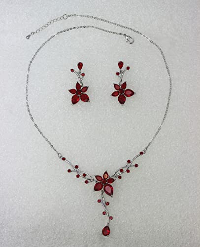 Faship Gorgeous CZ Crystal Floral Necklace Earrings Set - color: Red