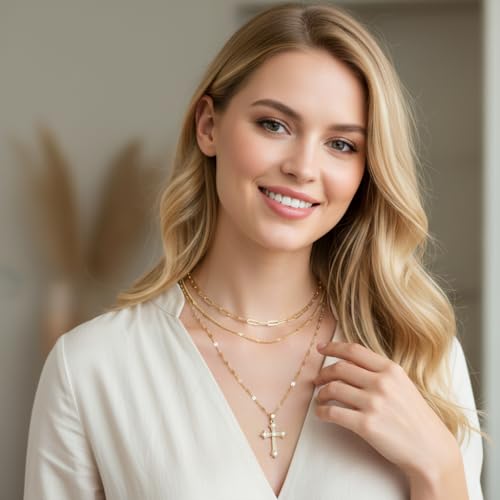 Gold Layered Necklaces for Women, 14K Gold Plated Paperclip Snake Chain Necklace Set, Dainty Coin Cross Tear Pendant Layering Choker Necklaces, Simple Trendy Stackable Jewelry Gifts - color: 3PCS / Cross & Chain& Chain