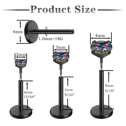 Gotumo 20G 18G 16G Flat Back Earrings Stud Nose Ring Titanium Internal Thread Tragus Labret Cartilage Lip Medusa Conch Body Piercing Jewelry Nose Stud Hypoallergenic for Women Men - color: Black, size: 18G Bar-6/7/8mm & CZ-2/3/4mm