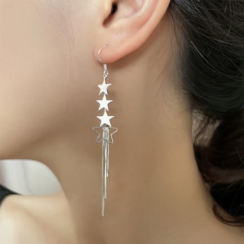 925 Sterling Silver Dangle Earrings with Charms Heart, Water drop, Moon, Star Long Drop Earring for Women Jewelry Gifts Hypoallergenic - color: star tassel