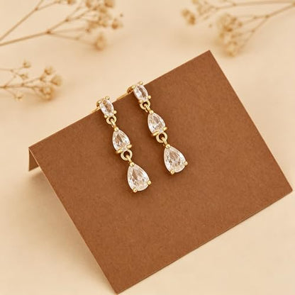Dangle Earrings for Women, Dainty Teardrop Drop Earrings 14K CZ Flower Gold Earrings for Women Trendy Bridal Earring Set Hypoallergenic Stud Dangly Earring Stack Wedding Prom Fashion Jewelry - color: 3cz drop earrings