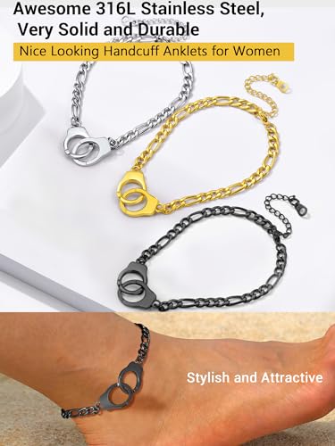 PROSTEEL Trendy Handcuffs Design/Customize Words Ankle Bracelet For Women, 316L Stainless Steel Anklets Silver/Gold/Black Tone, Hypoallergenic, Come with Box - style: 03 Handcuffs Anklet(8.5"-10.5")-Cool Black
