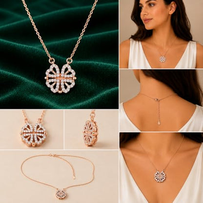 Rich London 18K Rose Gold Plated 2-in-1 Clover Heart Pendant Necklace for Women | Elegant Crystal Charm Jewellery - color: Golden