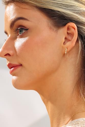 Round Huggie Ear Cuff Gold Earrings for Women | 18K Gold Plated Cubic Zirconia Sparkling | Clip On Cartilage| Simulated Diamond Bezel-Set CZ Huggie Hoop Earrings - color: Drop Chain - Yellow Gold