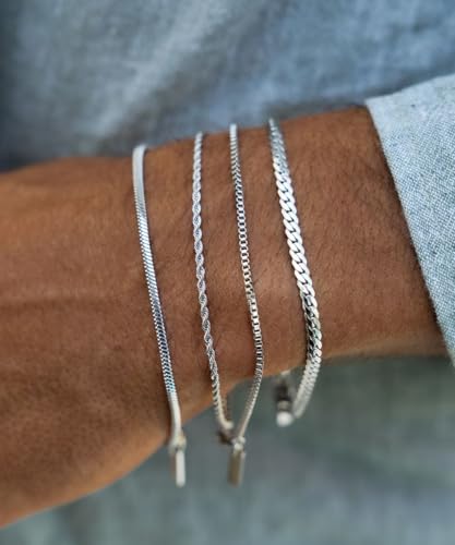 Mens Bracelet - Dainty Gold/Silver Chain Bracelet Stack 14K Gold Plated Silver Bracelets for Men Stainless Steel Adjustable Cross Charm Cuban Link Bracelet Snake Jewelry Set to Men Dad Birthday Day - color: Silver 4pcs, size: 7+2 Inch