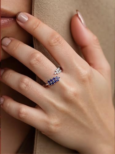 Adjustable Open Leaf & Vine Ring with Gemstone & Diamond | Cuff Deco Ring for Women Men | Adjustable Cuff Vine Leaf Deco Rings - color: Silver Blue