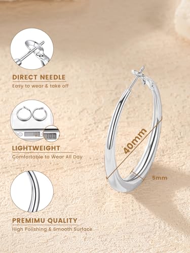 KeyStyle 5mm Thick Hoop Earring，Large Gold Hoop Earrings for Women | Stainless Steel Hoops Earring 14K Gold Plated/Silver/Black Hoop Lightweight Hypoallergenic Hollow Tube Hoop(40/60/80MM) - color: Silver, size: 40mm