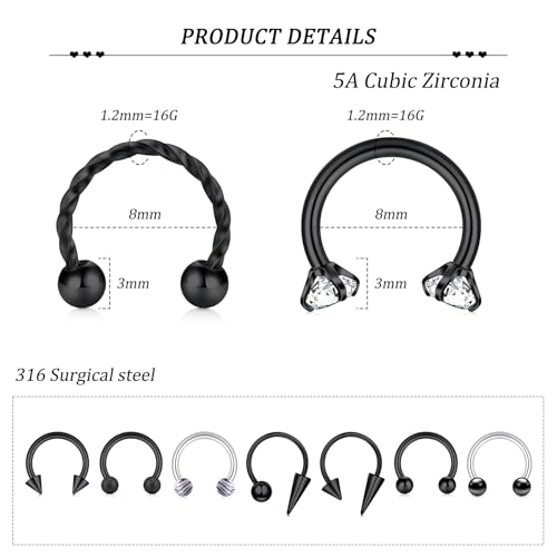 Zolure 16g Lip Rings Horseshoe Labret Jewelry Lip Barbell Ring Spike Snake Bite Piercing Jewelry Tragus Helix Earrings Studs Medusa Piercing for Women Men - color: 16G 8mm #8