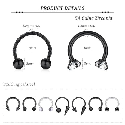 Zolure 16g Lip Rings Horseshoe Labret Jewelry Lip Barbell Ring Spike Snake Bite Piercing Jewelry Tragus Helix Earrings Studs Medusa Piercing for Women Men - color: 16G 8mm #8
