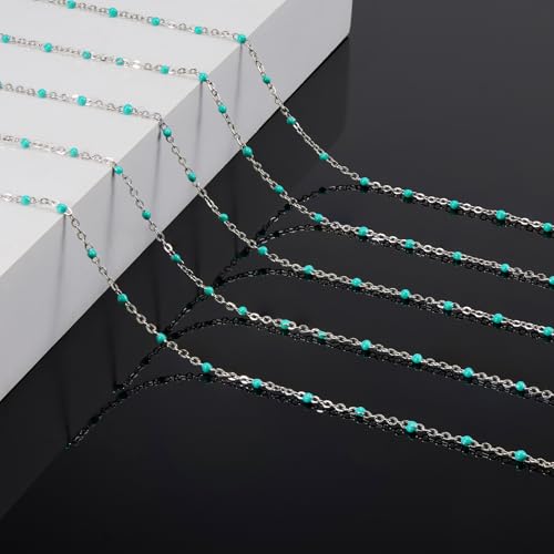 KYUNHOO 16.4 Feet Turquoise Green Bead Chain for Crafts with Jewelry Clasps | Thin Stainless Steel Necklace Making Chains Bulk on Spool with Lobster Clasps Jump Ring Jewelry Findings - color: Silver-Tuoquise-2mm