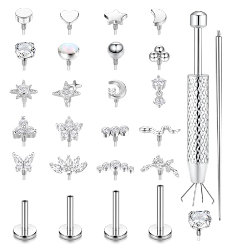 Flat Back Stud Earrings for Women Hypoallergenic Surgical Steel Internal Thread CZ Stud Piercing Jewelry for Tragus Helix Conch Cartilage 14K Gold/Silver Plated Nose Lip Labret Medusa Piercing 16G 18G - color: Silver Plated, size: 16g=1.2mm