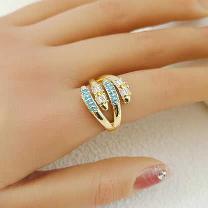 Adjustable 18K Gold Plated Open Bands Engagement Promise Ring for Women,Fashion Wrap Finger Cubic Zirconia Statement Cocktail Jewelry Gift(Blue) - color: blue