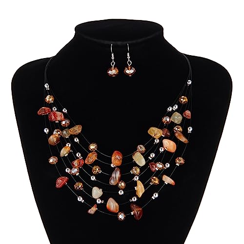 Multi-Layer Boho Shell Beaded Necklace for Women Colorful Crystal Strand with Silver Beads Statement Collars Necklace and Earrings Costumes Jewelry Sets for Women - color: 48-Agate red