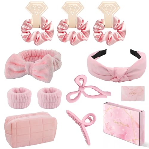 Spa Headband and Wristband Set Top Knotted Headbands Big Hair Claw Clips Butterfly Hair Accessories Satin Silk Scrunchies Quilted Makeup Bag Blank Cards Gift Box Gifts for Women and Teen Girl Gifts - color: Pink