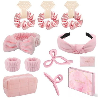 Spa Headband and Wristband Set Top Knotted Headbands Big Hair Claw Clips Butterfly Hair Accessories Satin Silk Scrunchies Quilted Makeup Bag Blank Cards Gift Box Gifts for Women and Teen Girl Gifts - color: Pink