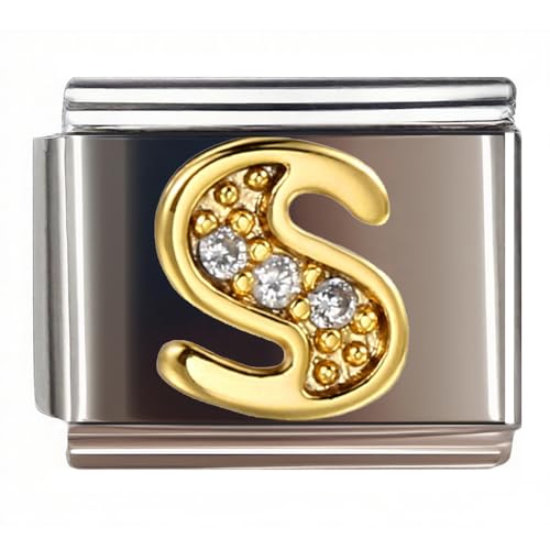 9MM Diamond Golden Letter Charm for Italian Charm Bracelet,DIY Italian Module Chain for Women - style: Letter-S