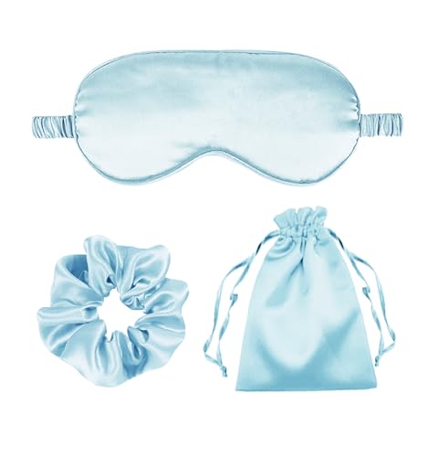 3Pcs Satin Eye Mask Silk Sleep Masks Set Silky Blindfold Eyeshade Blackout Eyes Cover Pouches Bag Scrunchy Wedding Gift - color: Water Green