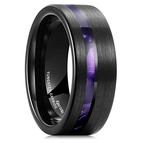 King Will Tungsten Rings for Men with Galaxy Shell Sand Meteorite Inlay | Black, 8mm, Brushed, Pipe Cut, Shell inlay, Everyday Wear - color: purple imitated meteorite