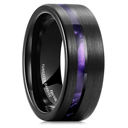 King Will Tungsten Rings for Men with Galaxy Shell Sand Meteorite Inlay | Black, 8mm, Brushed, Pipe Cut, Shell inlay, Everyday Wear - color: purple imitated meteorite