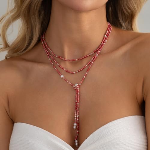 GYRMMUE Colorful Seed Bead Lariat Necklace for Women Boho Y Drop Beaded Choker Adjustable Multi Strand Wrap Necklaces Dainty Long Tassel Rice Bead Necklaces Everyday Party Jewelry - color: Pink