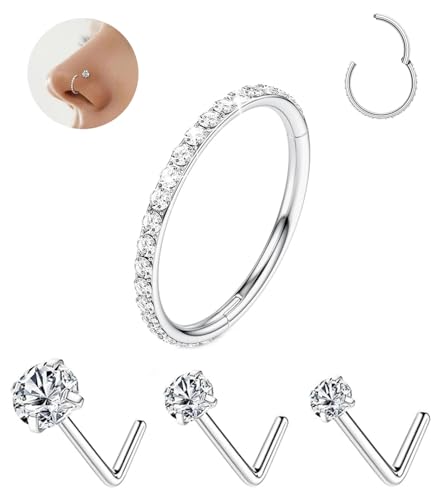 18G Nose Rings Hoop and 20g Nose Studs Sets for Women Men, Hypoallergenic 316L Surgical Steel Hinged Clicker Segment CZ Nose Hoops Double Hoop Nose Ring Septum Lip Helix Cartilage Daith Tragus Sleeper Earrings Gold Silver L Shape/Corkscrew Nose Studs Nost