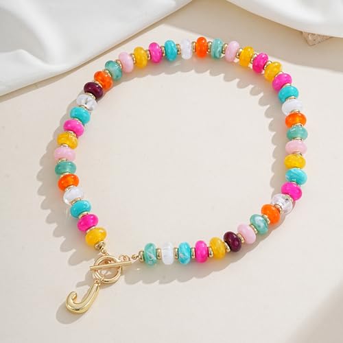NIKOLUX Colorful Initial Necklaces for Women Chunky Resin Beaded Toggle Necklace 14K Gold Plated A-Z Bubble Letter Pendant Necklace Trendy Summer Beach Handmade Jewelry Gift - color: Colorful-J