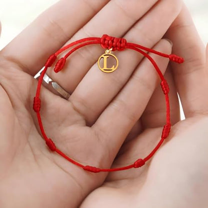 Red String Bracelet with Initial Letter and 7 Protective Knots – Adjustable Kabbalah Bracelet for Women & Men, Personalized Good Luck Charm for Positive Energy - color: L