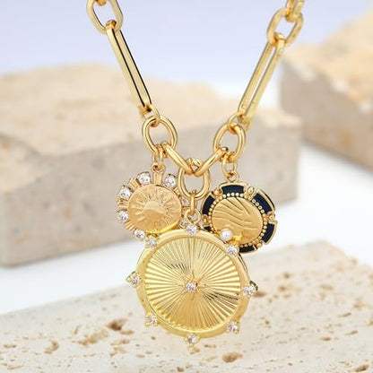 Chunky Gold Necklace for Women, 18K Waterproof Heart Necklace Statement Necklace Gold Charm Necklace Chunky Jewelry Paperclip Chain Choker Gift for Women - style: Three Coin