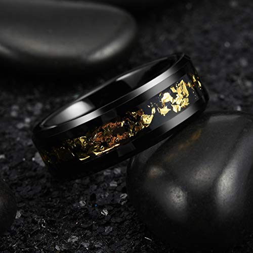 King Will Mens Wedding Band with Foils Inlay, Black/Silver/Gold Beveled Edge Glowstone Ring, 6mm/8mm Tungsten Carbide Rings Comfort Fit - color: Black&Gold-8mm