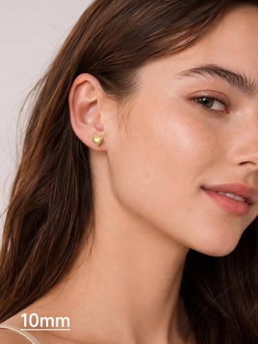 JustBeingCute Heart Stud Earrings 14K Gold Plated 925 Sterling Silver Posts | Dainty Simple Heart Earrings for Women hypoallergenic Chunky Puffy Studs Lightweight with Gift Box（7/10mm） - color: 10mm 14K Gold Stud