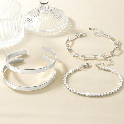 Gold Bracelets Stack Jewelry for Women Non Tarnish Waterproof | 14K Gold Plated Bangle Cuff Bracelet Set Accessories - color: Silver, style: Style B