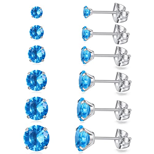 6 Pairs Stud Earrings Set, Hypoallergenic Cubic Zirconia Earrings 316L Stainless Steel CZ Earrings 3-8mm - color: A-Sea blue (Light blue) CZ