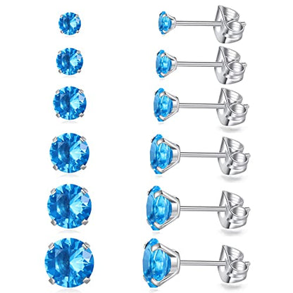 6 Pairs Stud Earrings Set, Hypoallergenic Cubic Zirconia Earrings 316L Stainless Steel CZ Earrings 3-8mm - color: A-Sea blue (Light blue) CZ