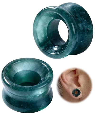 Jewseen 2g-5/8 Moss Agate Ear Gauges Plugs Real Natural Stone Double Flared Ear Tunnels Stretchers Gauges for Women Men Plugs Piercing Jewelry - size: 9/16''=14mm