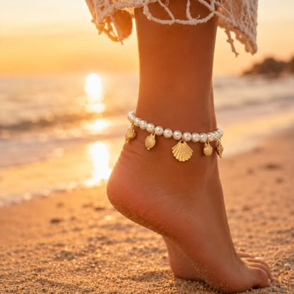 Artmiss Pearl Anklet for Women,Beach Shell Foot Jewelry Gift Box | Pearl-style bead anklet with gold shell charms,adjustable extender and gift box,perfect for beach,vacation and summer outfits