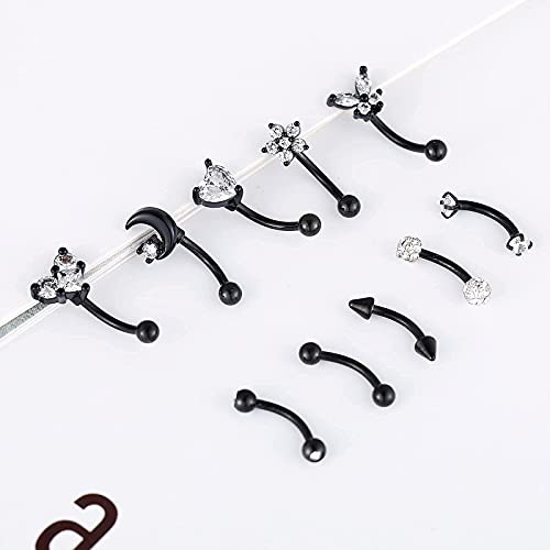 10PCS 16G Eyebrow Rings Set, Surgical Steel Curved Barbell Piercing Jewelry for Women Men, Helix Rook Daith Tragus Cartilage Earrings, Butterfly Heart Flower Spike Design, 8mm Bar - color: A-10Pcs-Rose Gold-8mm