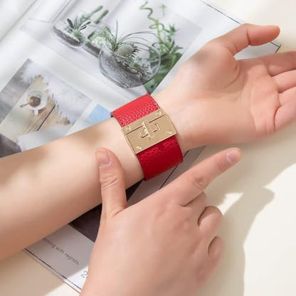 Rantanto Leather Wrap Bracelets For Women Gold Twist Lock Buckle Wrist Cuff | PU leather,Skin-friendly,Boho Stackable Wristband,Fashion Daily Jewelry,Trend Casual Party Bangle,Fit For Birthday, Holiday - color: Wide Red