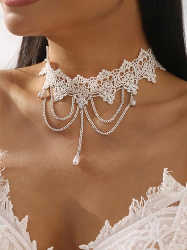 Lace Choker Necklace for Women Tassel Pendant Choker Necklaces Elegant Boho Collar Necklaces Statement Artistic Chain Necklace with Pearl Halloween Party Cosplay Costume Jewelry - color: White Lace Pearl-1