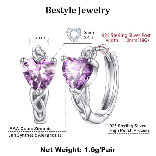 Bestyle 925 Sterling Silver Huggie Hoop Earrings Small Birthstone Hoop Earrings for Women Hypoallergenic Silver Huggie Earring,Great Birthday Earrings Gift for Daughter Wife Mom - color: 06-Purple Alexandrite-Hoop