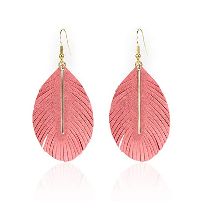 YUNXI Large Genuine Soft Leather Handmade Fringe Feather Lightweight Leaf with Simple Drop Metal Bar Tear Drop Dangle Color Earrings for Women - color: Watermelon Red