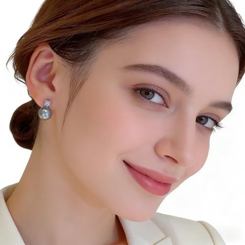 Faux Pearl Cubic Zirconia Stud Earrings, Hypoallergenic Lightweight Round Pearl Studs for Women - color: Blueish Silver, size: Pearl 10mm-CZ 3mm