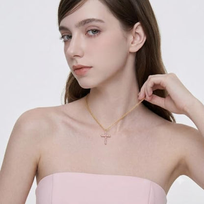 Cross Necklace for Women, Silver Cross Pendant Necklaces | 14K Gold Plated, Dainty CZ Cross Necklace, Non Tarnish and Hypoallergenic Jewelry for Women, Christian Religious Faith Gifts - color: 02-Gold-Pink